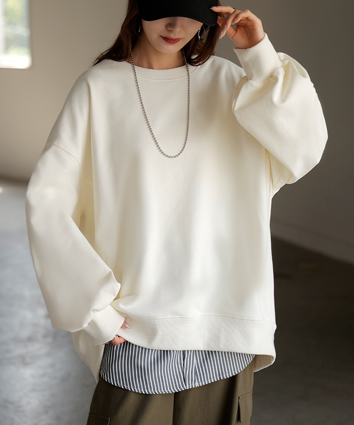 スウェット ロング ボリュームスリーブ トップス レディース プルオーバー トレーナー オーバー 無地 長袖 長い クルーネック Uネック リブ | HUG.U | 01