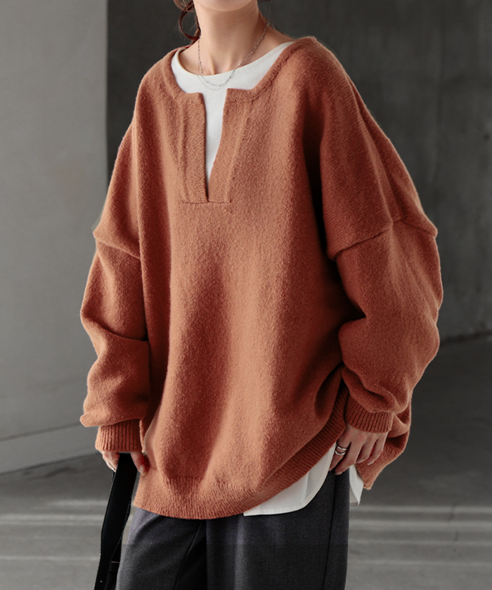 ニット キーネック レディース トップス セーター オーバー モヘア モヘアニット プルオーバー ロング 長袖 | HUG.U | 05