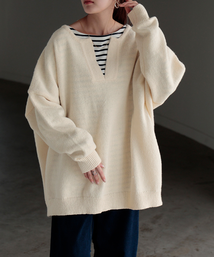 ニット キーネック レディース トップス セーター オーバー モヘア モヘアニット プルオーバー ロング 長袖 | HUG.U | 01