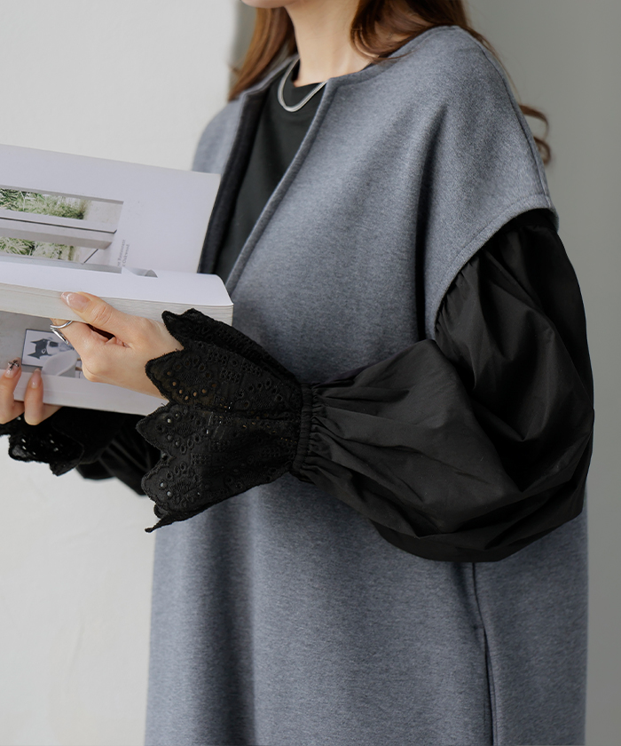 カットソー ロンT レース レディース トップス 長袖 綿100 Tシャツ ロング ティーシャツ 異素材 ドッキング クルーネック ドルマン ボリュームスリーブ ゆったり | HUG.U | 02