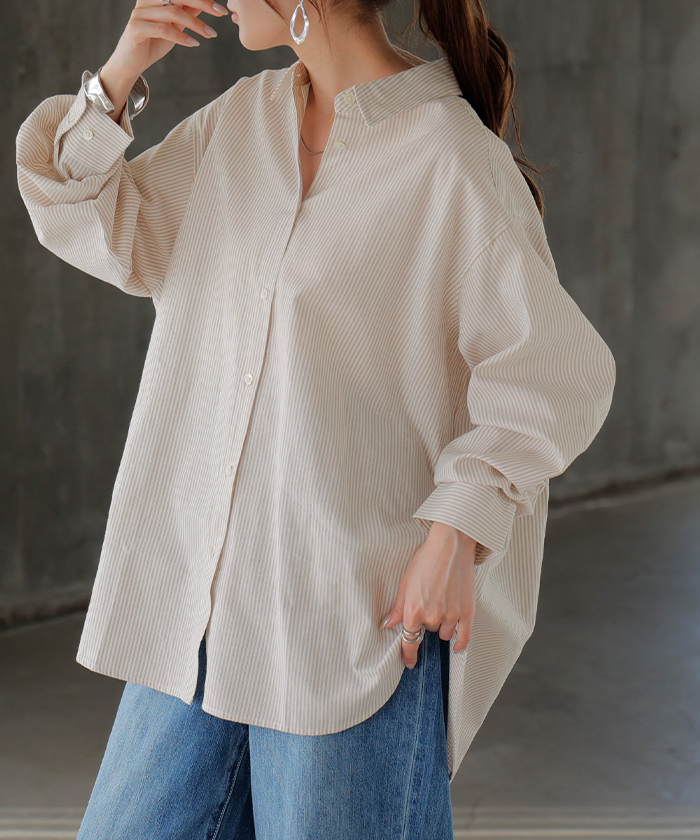 シャツ ストライプ レディース トップス ロング ロングシャツ オックスフォード オックスフォードシャツ ブラウス チュニック 羽織 ライトアウター きれいめ | HUG.U | 02