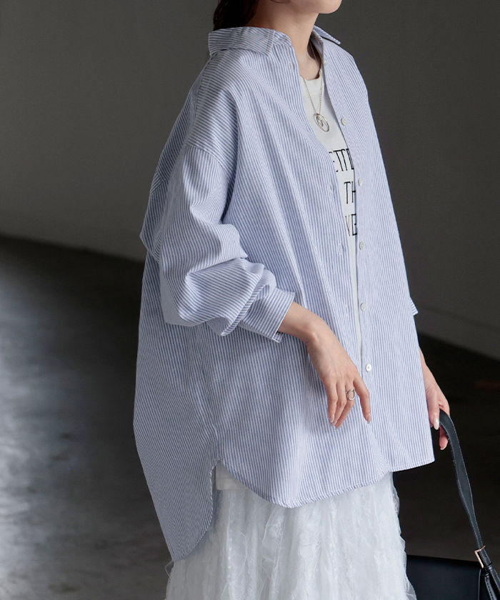 シャツ ストライプ レディース トップス ロング ロングシャツ オックスフォード オックスフォードシャツ ブラウス チュニック 羽織 ライトアウター きれいめ | HUG.U | 04