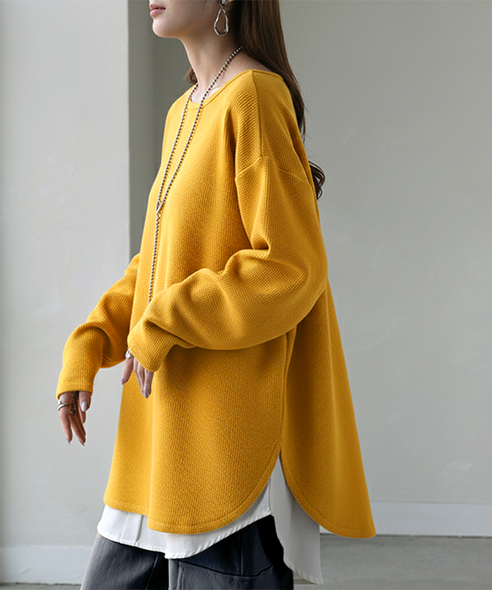 カットソー ロンT ワッフル プルオーバー レディース トップス Tシャツ 長袖 ロング ティーシャツ チュニック クルーネック 長い ドルマン ドルマンスリーブ | HUG.U | 04