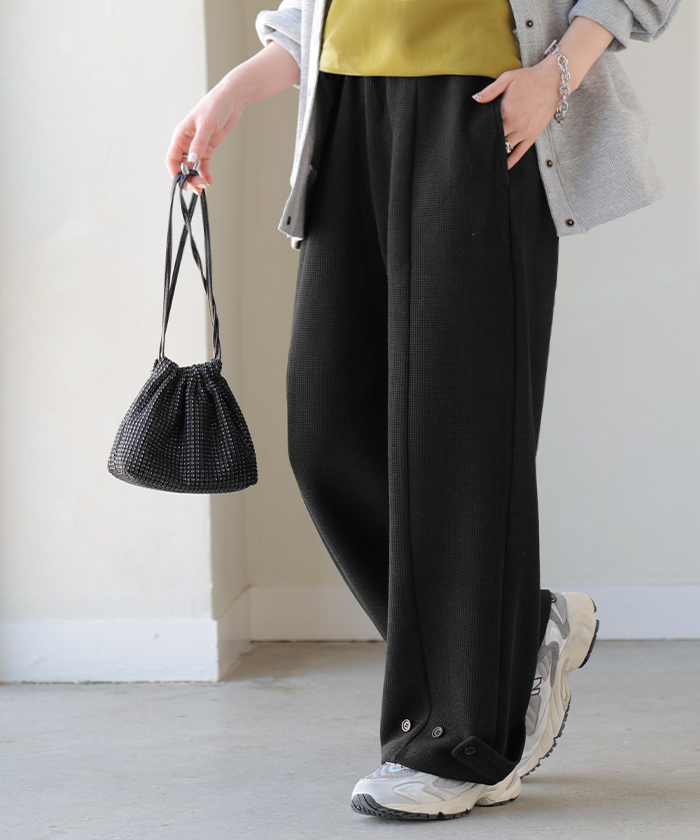 パンツ ワイド ワッフル レディース ワイドパンツ ロング ロングパンツ カーブパンツ 体型カバー ボトムス | HUG.U | 03