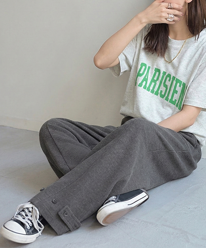 パンツ ワイド ワッフル レディース ワイドパンツ ロング ロングパンツ カーブパンツ 体型カバー ボトムス | HUG.U | 01