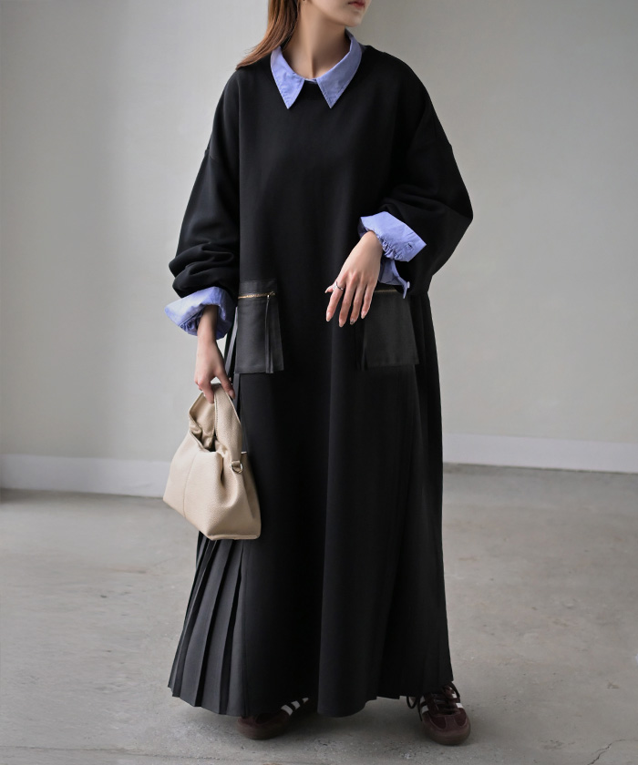 ワンピース プリーツ 異素材 ドッキング ワンピ レディース スウェット ロング ロングワンピース スエット トレーナー Aライン マキシ マキシワンピース | HUG.U | 02