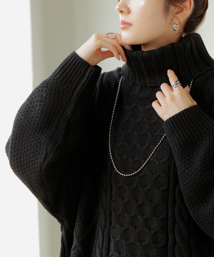 ニット タートルネック ケーブル ロング レディース トップス セーター オーバー プルオーバー ケーブル編み ハイネック 長袖 長い | HUG.U | 03