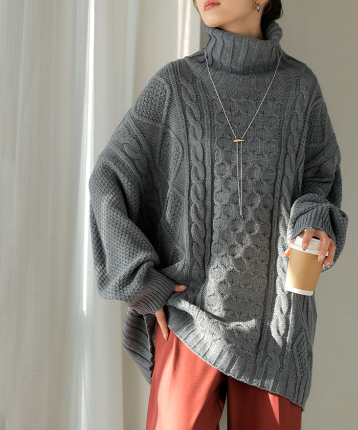 HUG.U（ハグユー） ニット タートルネック ケーブル ロング レディース