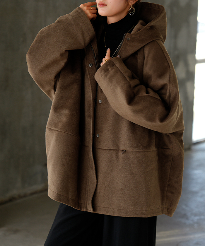 アウター ジャケット シャギー 中綿 ドルマン レディース ロング ロングコート パーカー ブルゾン オーバー コート フェザー 裏起毛 ハイネック フード 羽織 | HUG.U | 01