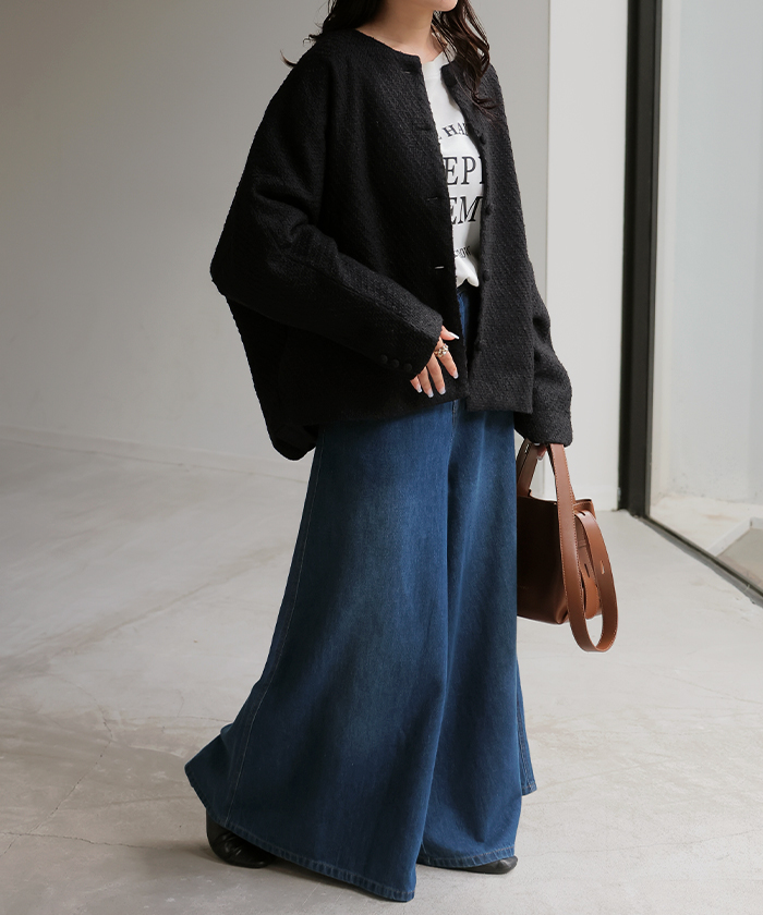 ジャケット ノーカラー ツイード ドルマン ワイド レディース ロング コートドルマンアウター 長袖 羽織 | HUG.U | 02