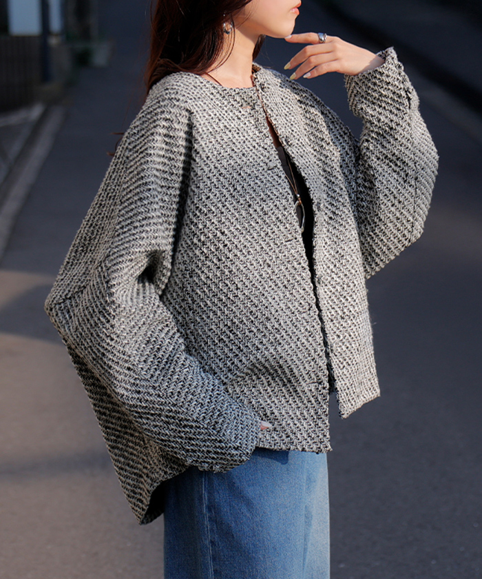 [新品] HUMAN WOMAN ツイードジャケット☆タグ付き human woman シアータフタユーティリティノーカラージャケット