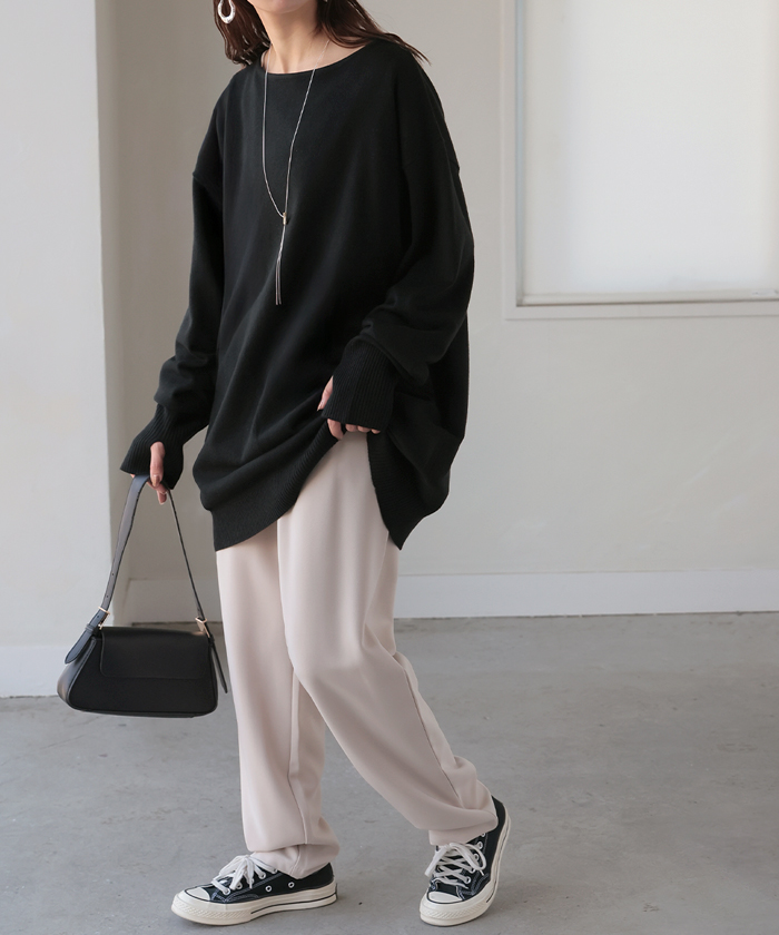 ニット トップス 手袋 指穴 レイヤードニット リブニット ライトニット レディース ボートネック セーター | HUG.U | 07