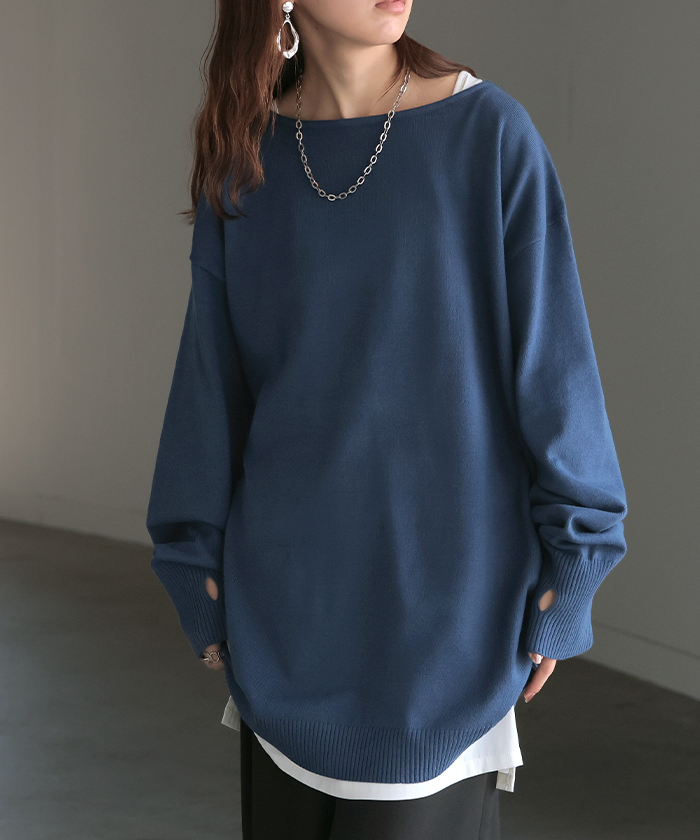 ニット トップス 手袋 指穴 レイヤードニット リブニット ライトニット レディース ボートネック セーター | HUG.U | 02