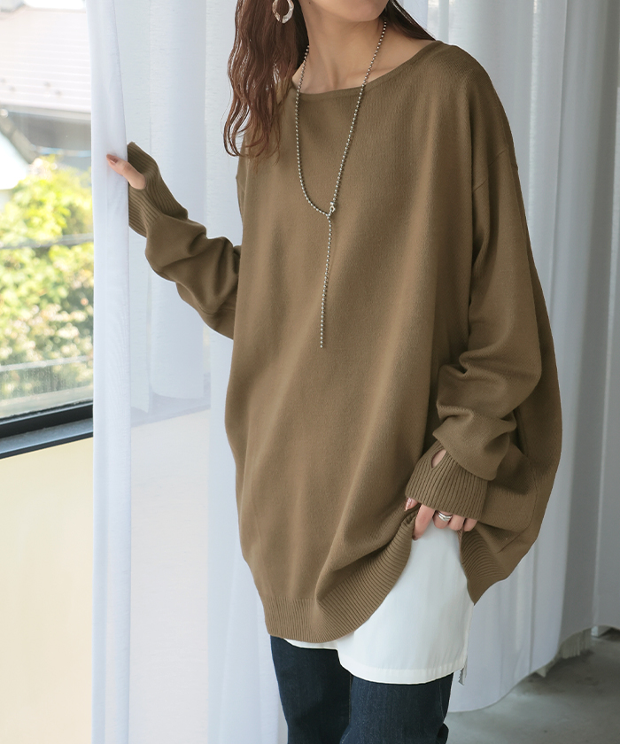 ニット トップス 手袋 指穴 レイヤードニット リブニット ライトニット レディース ボートネック セーター | HUG.U | 04