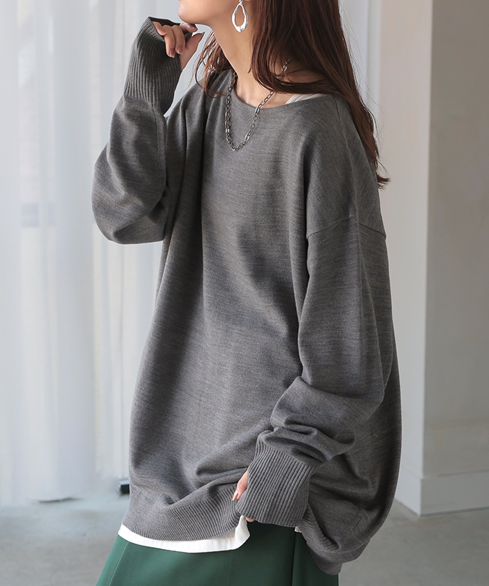 ニット トップス 手袋 指穴 レイヤードニット リブニット ライトニット レディース ボートネック セーター | HUG.U | 06