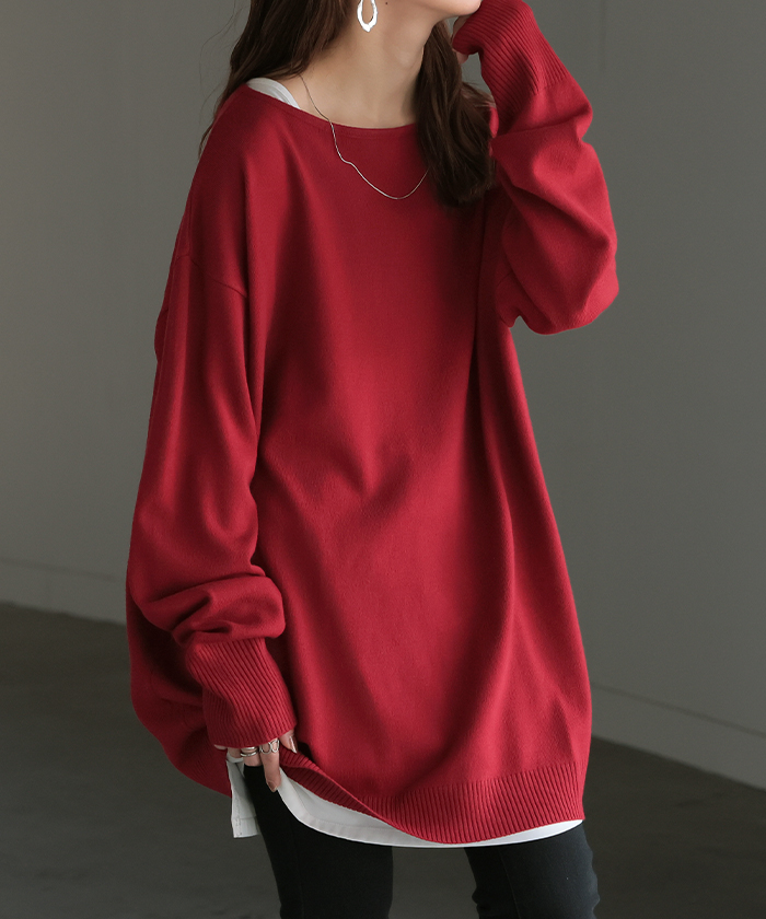 ニット トップス 手袋 指穴 レイヤードニット リブニット ライトニット レディース ボートネック セーター | HUG.U | 03