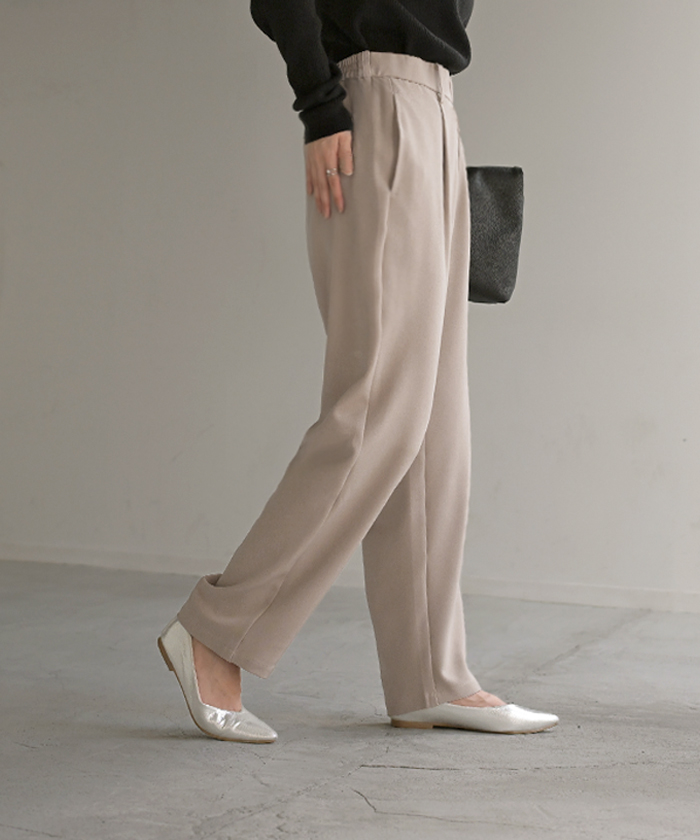 パンツ イージーケア ウール ライク ワイド テーパード タックパンツ レディース タック ワイドパンツ ストレッチ ロング ロングパンツ 体型カバー | HUG.U | 01