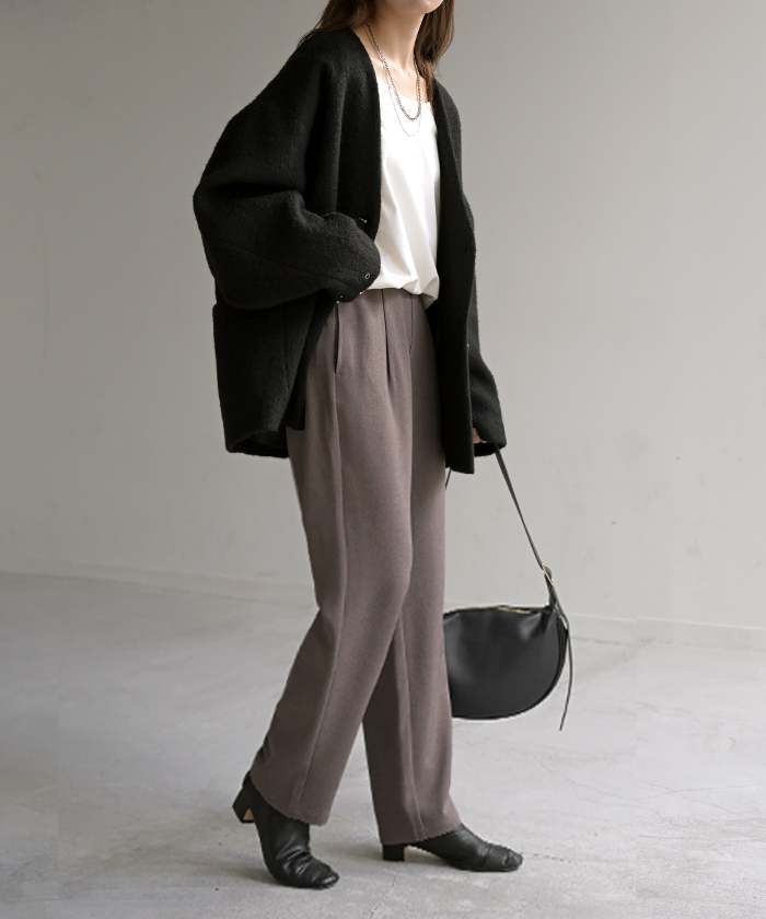 パンツ イージーケア ウール ライク ワイド テーパード タックパンツ レディース タック ワイドパンツ ストレッチ ロング ロングパンツ 体型カバー | HUG.U | 03