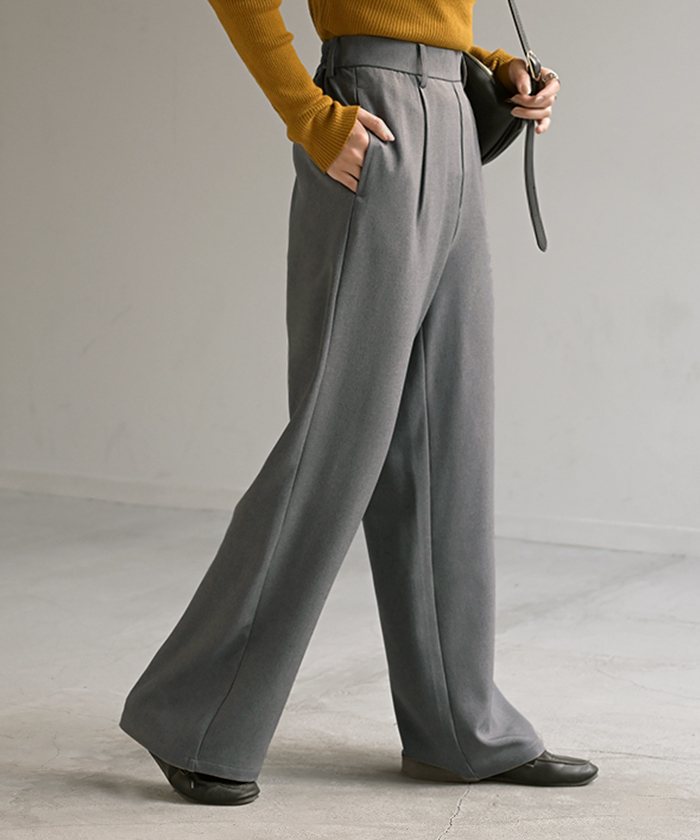 パンツ イージーケア ウール ライク ワイド テーパード タックパンツ レディース タック ワイドパンツ ストレッチ ロング ロングパンツ 体型カバー | HUG.U | 02
