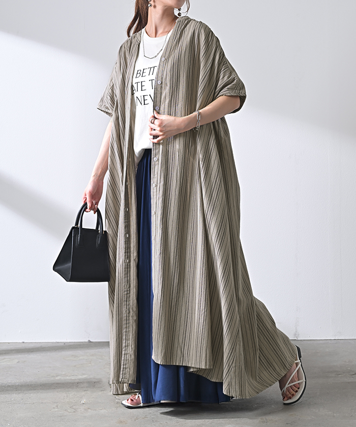 ティッカ ストライプロングシャツワンピース コットン100% ネイビーグレー HUG.U ワンピース ストライプ シャツ リネン 混 キーネック