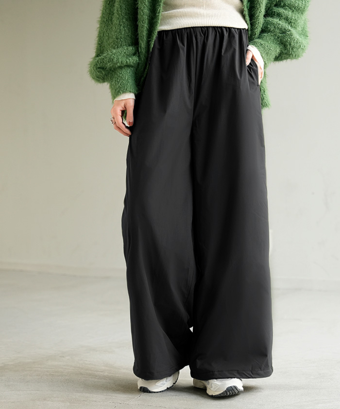 パンツ 裏ボア ナイロン ワイド レディース ワイドパンツ ロング 裏起毛 あったか 撥水 ボトム ストレート ズボン 軽量 ゆったり ハイウエスト ストレッチ | HUG.U | 03