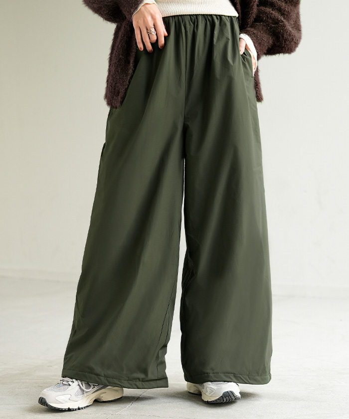 パンツ 裏ボア ナイロン ワイド レディース ワイドパンツ ロング 裏起毛 あったか 撥水 ボトム ストレート ズボン 軽量 ゆったり ハイウエスト ストレッチ | HUG.U | 02