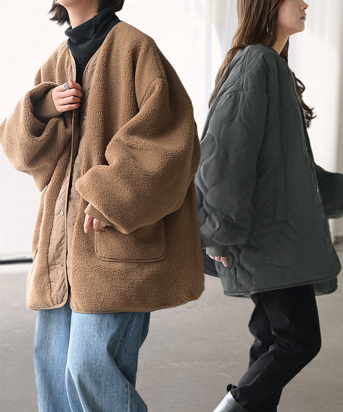 アウター リバーシブル ボア キルティング レディース コート ロング 中綿 撥水 ロングコート ボアジャケット ジャケット ブルゾン | HUG.U | 02