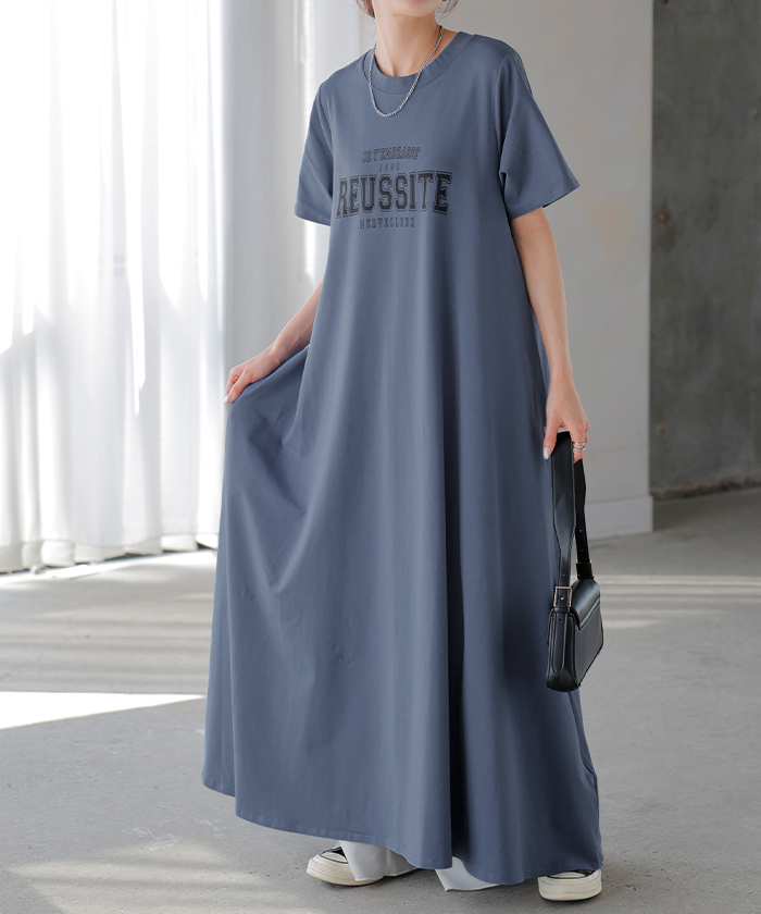 ワンピース ロゴ 汗染み 防止 UV 接触冷感 ロング Tシャツ ワンピ レディース 汗ジミ防止 ロングワンピース Aライン マキシ マキシワンピース ワンピ | HUG.U | 03