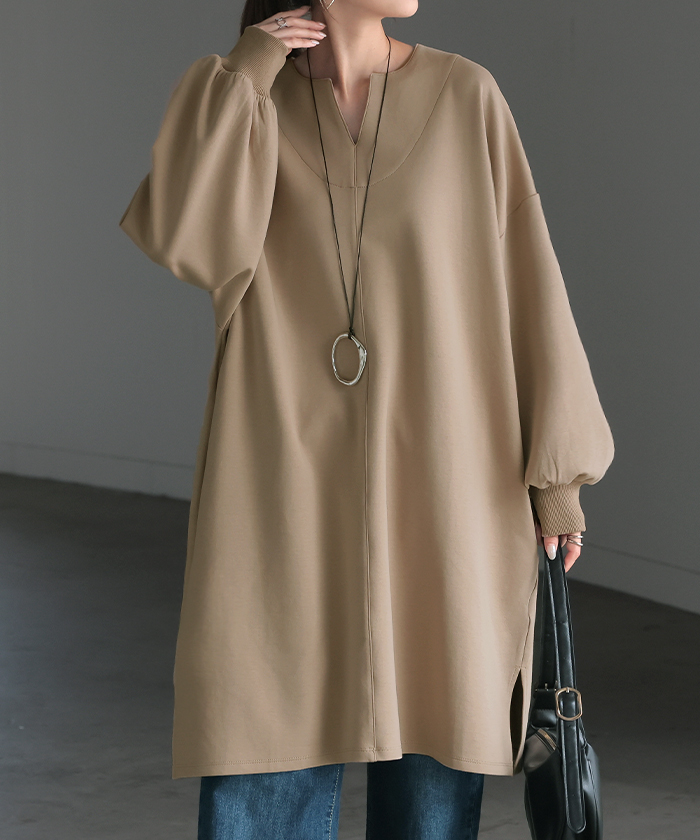 トップス レディース チュニック 長袖 Tシャツ カットソー ロンT ロング ティーシャツ Vネック 長い ドルマン | HUG.U | 02