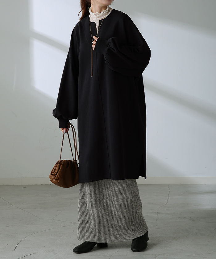 トップス レディース チュニック 長袖 Tシャツ カットソー ロンT ロング ティーシャツ Vネック 長い ドルマン | HUG.U | 05