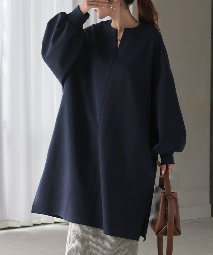 トップス レディース チュニック 長袖 Tシャツ カットソー ロンT ロング ティーシャツ Vネック 長い ドルマン | HUG.U | 04