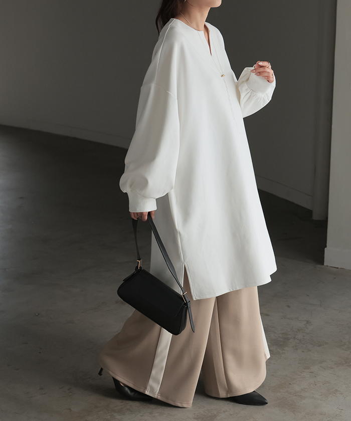 トップス レディース チュニック 長袖 Tシャツ カットソー ロンT ロング ティーシャツ Vネック 長い ドルマン | HUG.U | 01