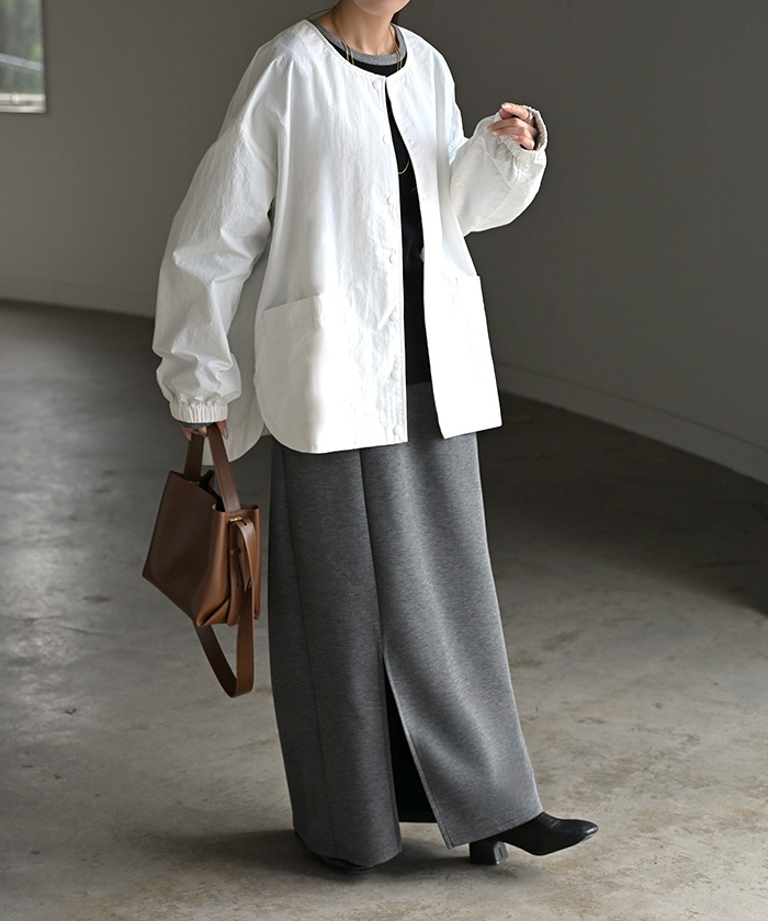 ブルゾン 撥水 軽量 レディース アウター ロング ジャケット 撥水ナイロン ノーカラー 雨の日 羽織 | HUG.U | 01