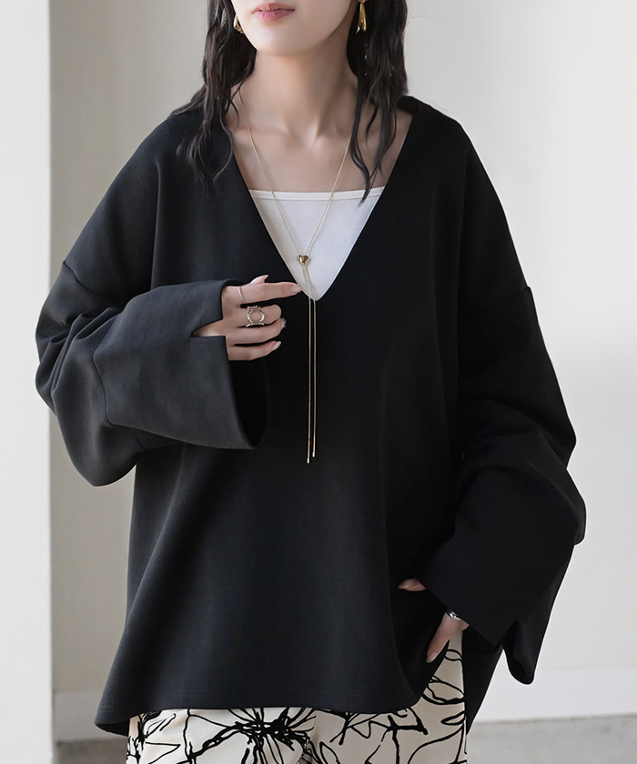 スウェット ワイド袖 ダンボール チュニック トップス レディース レイヤード トレーナー プルオーバー Vネック ビッグ ドルマン ワイドスリーブ リブ | HUG.U | 03