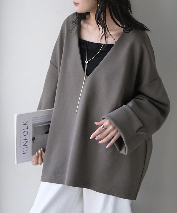 スウェット ワイド袖 ダンボール チュニック トップス レディース レイヤード トレーナー プルオーバー Vネック ビッグ ドルマン ワイドスリーブ リブ | HUG.U | 02