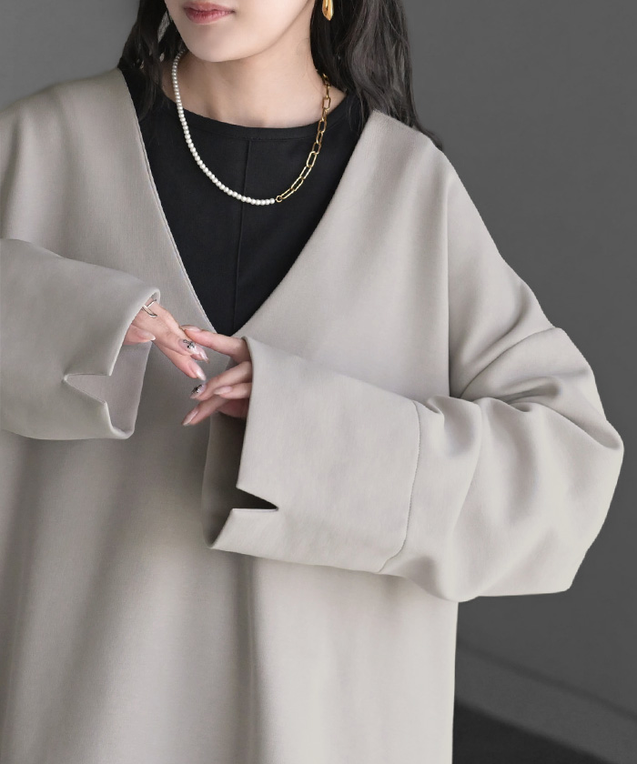 スウェット ワイド袖 ダンボール チュニック トップス レディース レイヤード トレーナー プルオーバー Vネック ビッグ ドルマン ワイドスリーブ リブ | HUG.U | 01