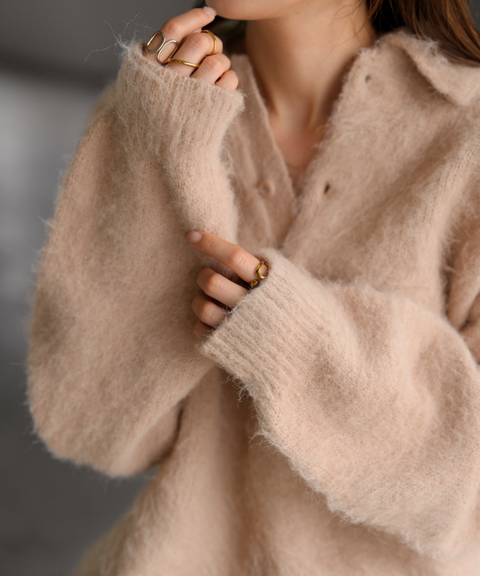 ニット シャギーニット レディース トップス セーター オーバー シャギー ポロ プルオーバー ポロニット ロング 長袖 長い ボリュームスリーブ Vネック リブ | HUG.U | 01