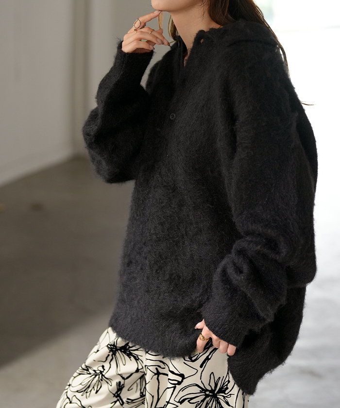 ニット シャギーニット レディース トップス セーター オーバー シャギー ポロ プルオーバー ポロニット ロング 長袖 長い ボリュームスリーブ Vネック リブ | HUG.U | 04