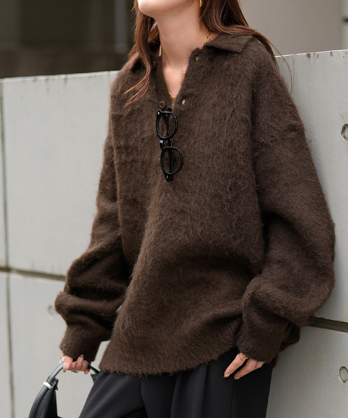 ニット シャギーニット レディース トップス セーター オーバー シャギー ポロ プルオーバー ポロニット ロング 長袖 長い ボリュームスリーブ Vネック リブ | HUG.U | 02