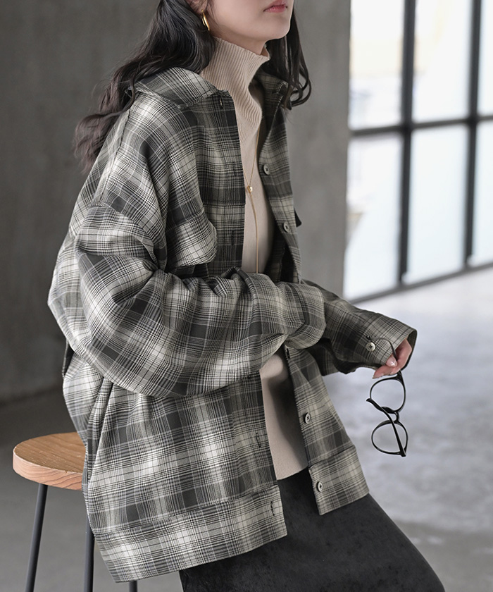 シャケット シャツ ジャケット チェックシャツ レディース トップス ロング ロングシャツ アウター チュニック 長袖 チェック 柄 羽織 ライトアウター | HUG.U | 02