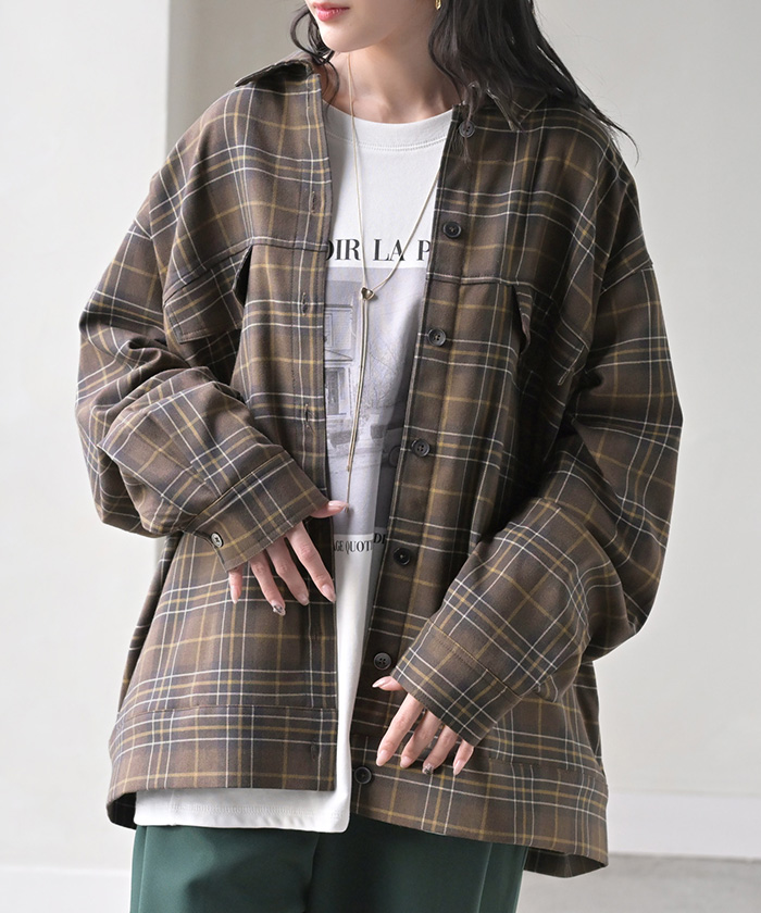 シャケット シャツ ジャケット チェックシャツ レディース トップス ロング ロングシャツ アウター チュニック 長袖 チェック 柄 羽織 ライトアウター | HUG.U | 01