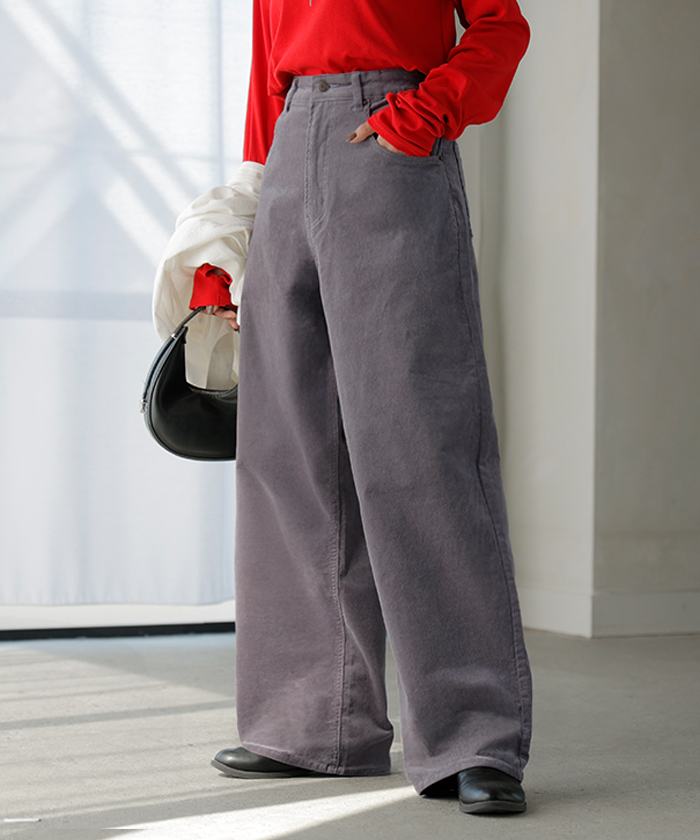 パンツ コーデュロイ ワイド 選べる 2丈 レディース ワイドパンツ 綿 混 ロング ロングパンツ ウエストゴム 体型カバー ボトムス | HUG.U | 02