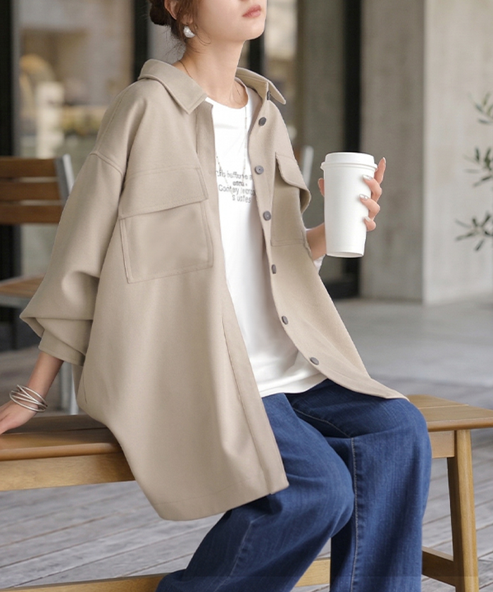 シャツ ジャケット イージーケア ウールライク レディース トップス アウター 洗濯機 可 シワになりにくい ロング ロングシャツ チュニック 長袖 無地 羽織 | HUG.U | 01