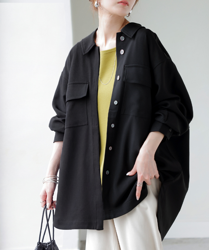 シャツ ジャケット イージーケア ウールライク レディース トップス アウター 洗濯機 可 シワになりにくい ロング ロングシャツ チュニック 長袖 無地 羽織 | HUG.U | 04