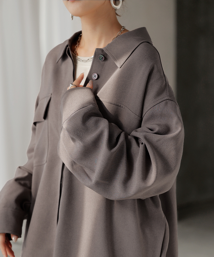 シャツ ジャケット イージーケア ウールライク レディース トップス アウター 洗濯機 可 シワになりにくい ロング ロングシャツ チュニック 長袖 無地 羽織 | HUG.U | 03