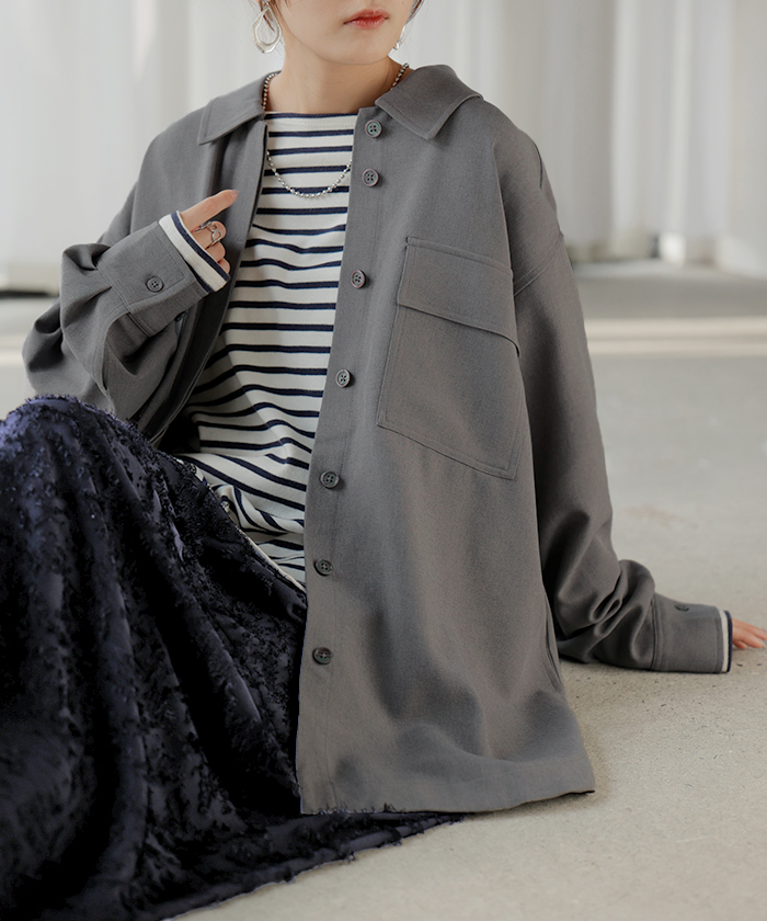 シャツ ジャケット イージーケア ウールライク レディース トップス アウター 洗濯機 可 シワになりにくい ロング ロングシャツ チュニック 長袖 無地 羽織 | HUG.U | 02