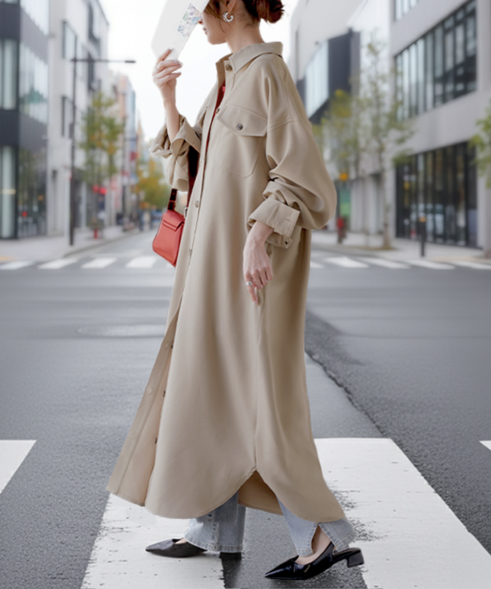 ワンピース シャツ 長袖 イージーケア ウール 風 シャツワンピース シャツワンピ レディース シワになりにくい ロング ロングワンピース Aライン | HUG.U | 01