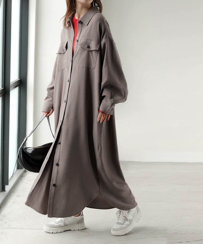 ワンピース シャツ 長袖 イージーケア ウール 風 シャツワンピース シャツワンピ レディース シワになりにくい ロング ロングワンピース Aライン | HUG.U | 03