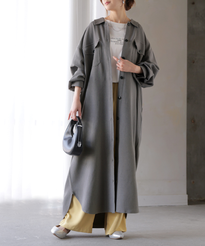 ワンピース シャツ 長袖 イージーケア ウール 風 シャツワンピース シャツワンピ レディース シワになりにくい ロング ロングワンピース Aライン | HUG.U | 02