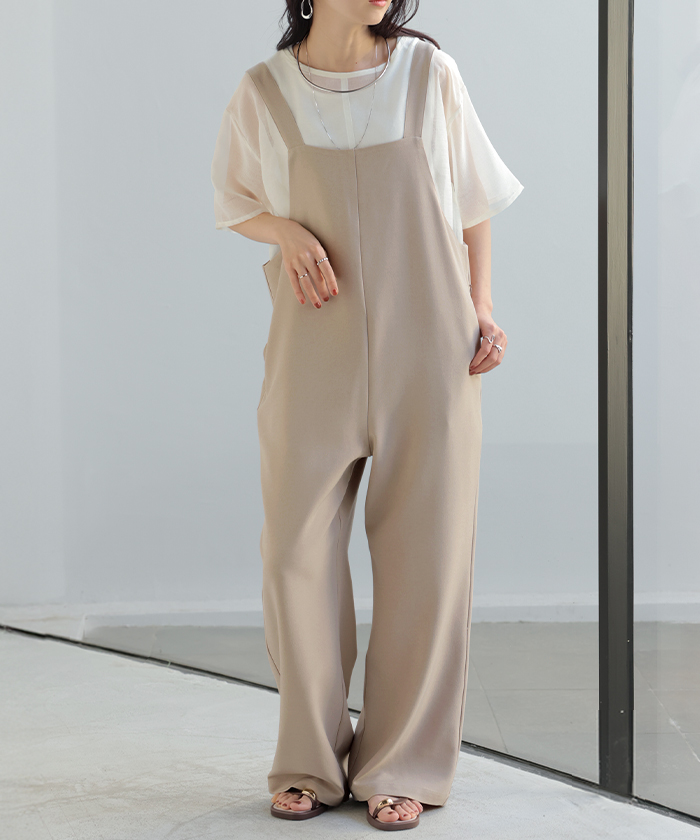 サロペット ウールライク イージーケア ロング レディース サロペ 洗濯機 可 パンツ シワになりにくい ストレッチ ノースリーブ ワイド オーバーオール | HUG.U | 01